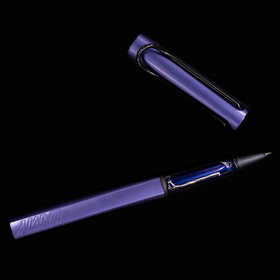 Full open view of the LAMY Al-Star Rollerball Pen in Dark Dusk with cap off and nib exposed