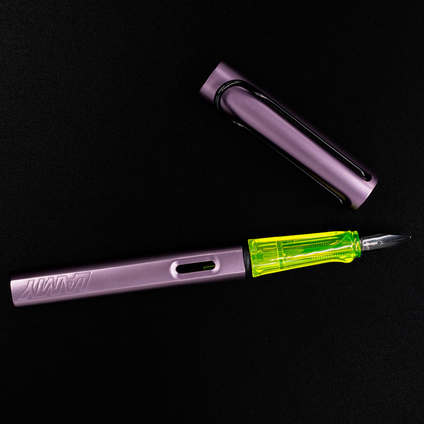 Top-down view of the LAMY Al-Star Special Edition Fountain Pen in Aubergine with cap off, showing the full pen layout.