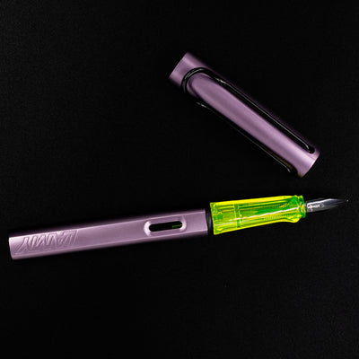 Top-down view of the LAMY Al-Star Special Edition Fountain Pen in Aubergine with cap off, showing the full pen layout.
