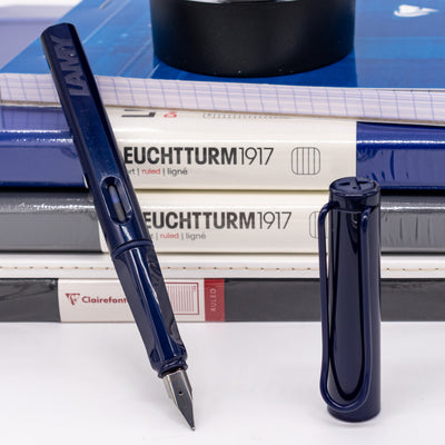 LAMY Safari Dark Dusk fountain pen uncapped with silver steel nib