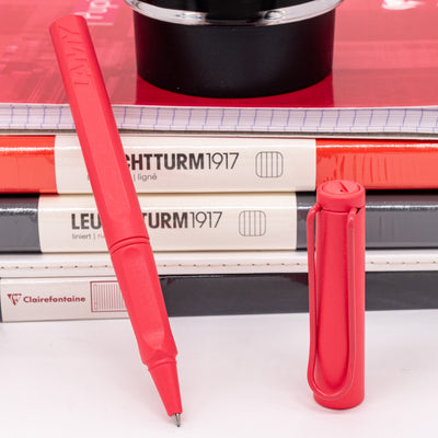 LAMY Safari Sunset Coral rollerball pen uncapped showing writing tip and grip section
