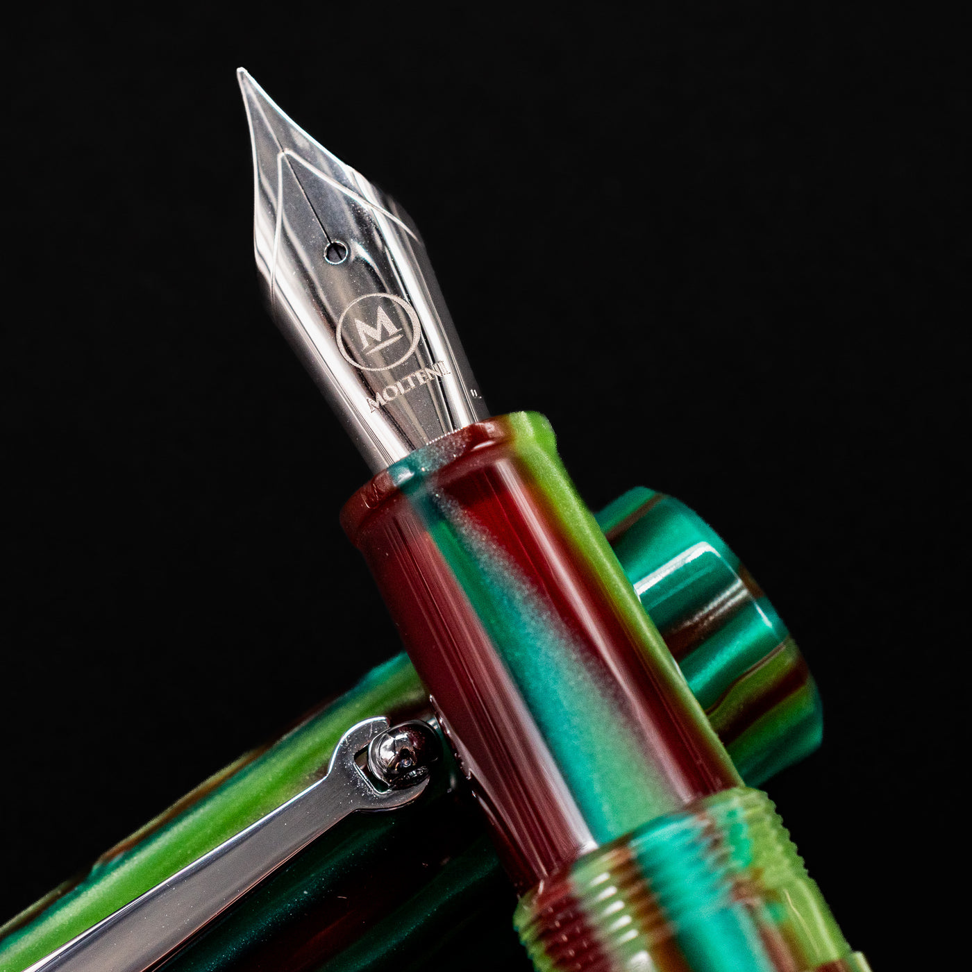 Close-up of the Molteni Modelo 71 Fountain Pen nib with engraved Molteni “M” logo and rhodium finish