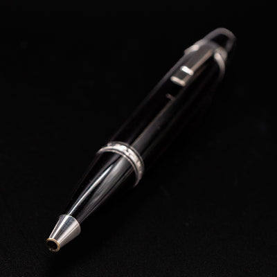 Close-up of Montblanc Boheme No Stone Ballpoint Pen tip with platinum cone and glossy black resin body