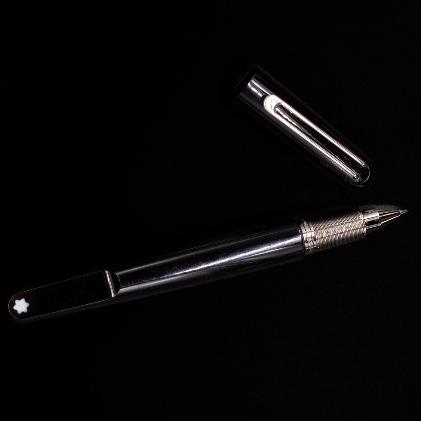 overhead angle of the montblanc m by marc newson black resin rollerball pen