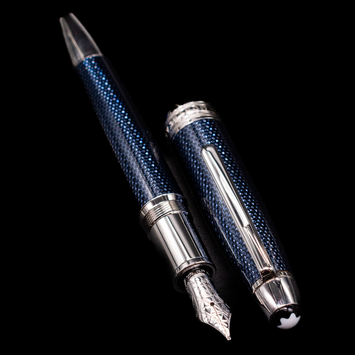 montblanc piston filled fountain pen with blue guilloche lacquer