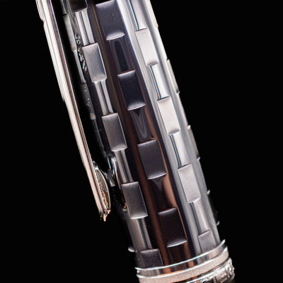 Detailed close-up of the geometric ceramic pattern on the cap of the Montblanc Meisterstück 163 Solitaire Ceramics Prisma Rollerball Pen