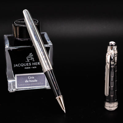 Montblanc Meisterstuck 163 Solitaire Ceramics Prisma Rollerball Pen unposted with Jacques Herbin ink bottle in background