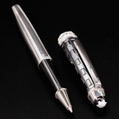 Uncapped Montblanc Meisterstück 163 Solitaire Ceramics Prisma Rollerball Pen with barrel and cap displayed on black background