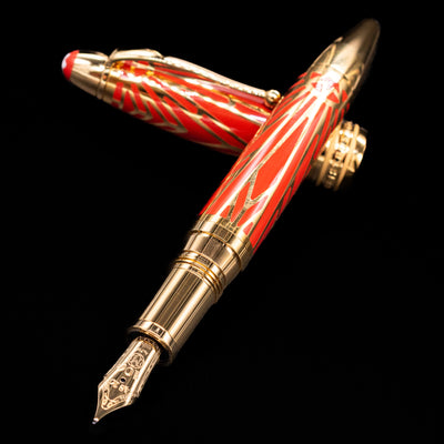 Angled open view of the Montblanc Meisterstuck The Origin Collection Solitaire Doue LeGrand Fountain Pen with cap in background.