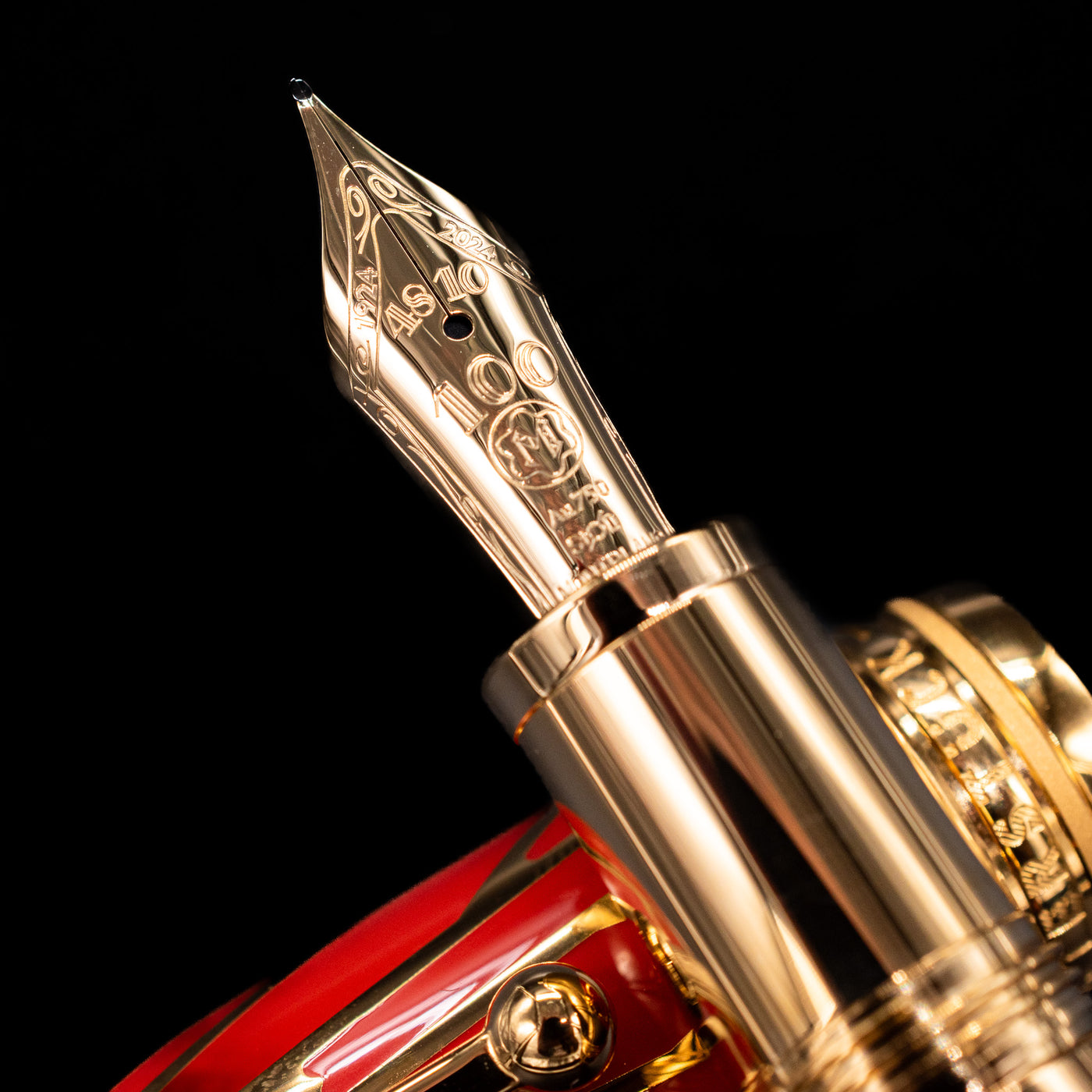 Close-up of the rhodium-plated nib on the Montblanc Meisterstuck The Origin Collection Solitaire Doue LeGrand Fountain Pen.