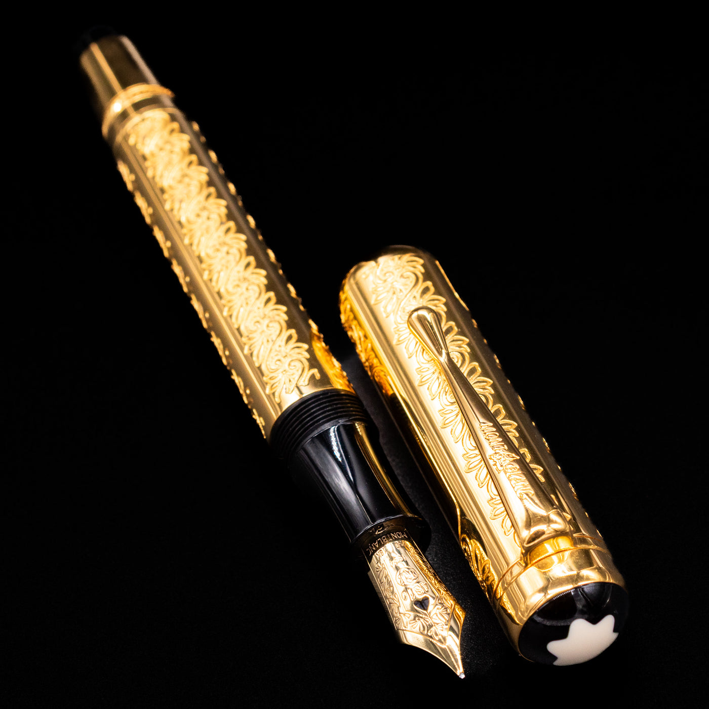 Montblanc Patron of Art Louis XIV Fountain Pen open with cap and barrel side by side on black background