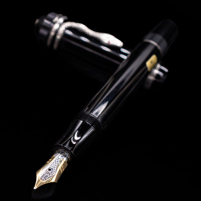 Close-up of the glossy black barrel of the Montblanc Writer's Edition Agatha Christie Fountain Pen.