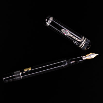 Close-up of the glossy black barrel of the Montblanc Writer's Edition Agatha Christie Fountain Pen.