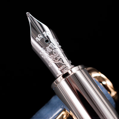 Detailed view of the engraved 18k gold nib on the Montblanc Writer's Edition Johann Wolfgang von Goethe Fountain Pen.