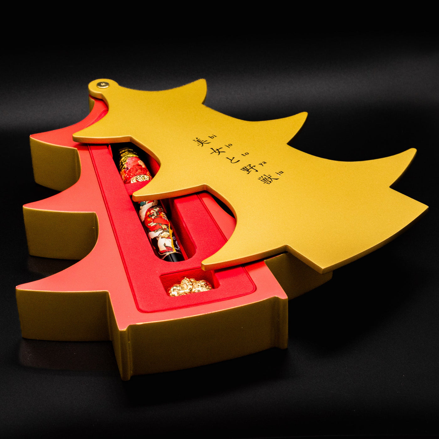 Pagoda-style packaging open to reveal the hand-painted Montegrappa Bijo-To-Yaju pen

