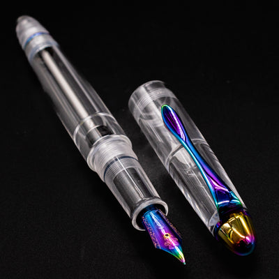 Close-up of Nahvalur Fathom Pride 2025 rainbow nib on clear fountain pen
