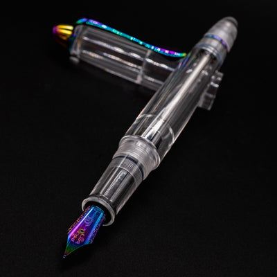 Macro shot of rainbow-colored nib on Nahvalur Fathom Pride 2025 fountain pen