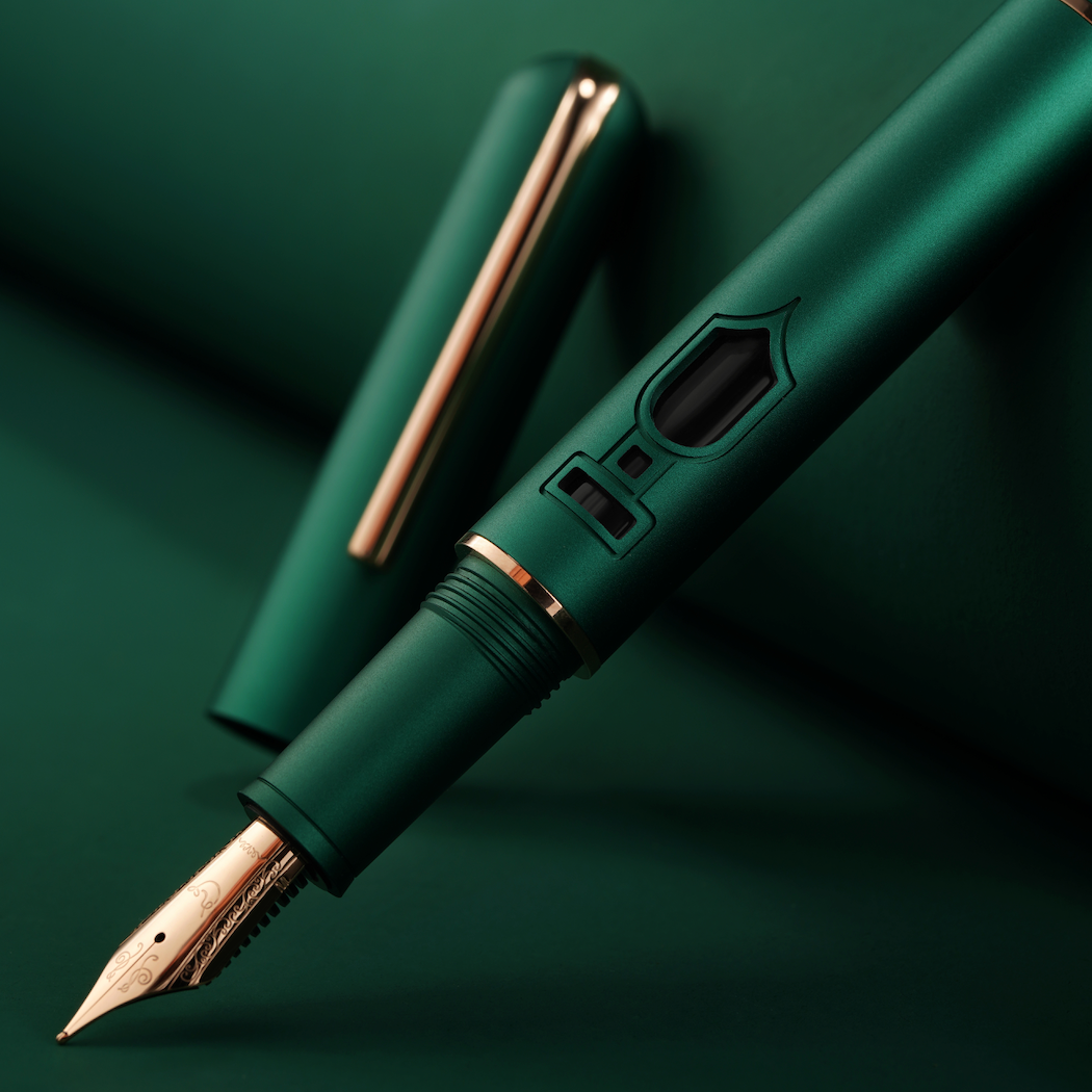 Close-up of Nahvalur Nautilus Fountain Pen Day 2025 in emerald, featuring rose-gold nib, ebonite feed, and special FPD ink window cutout.