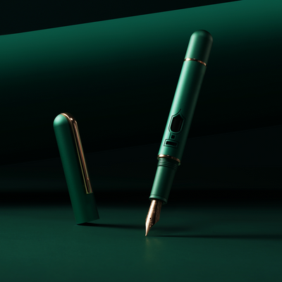 Nahvalur Nautilus Fountain Pen Day 2025 Emerald, uncapped and angled forward, showing rose-gold trim, nib, and anodized green aluminum body.