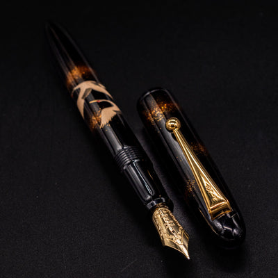 Overhead view of Namiki Yukari Double Crane fountain pen uncapped.