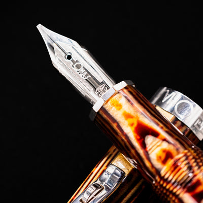 Macro shot of the Omas Grand Paragon fountain pen nib showing engraved branding and 18k gold marking