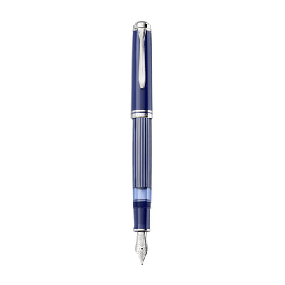 Pelikan M815 Metal Striped Blue fountain pen with cap posted on the barrel