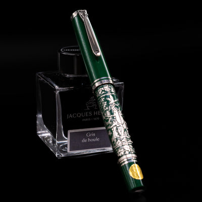 Full view of the Pelikan M915 Hunting Limited Edition 1994 Fountain Pen with cap on, showcasing detailed engraved barrel.