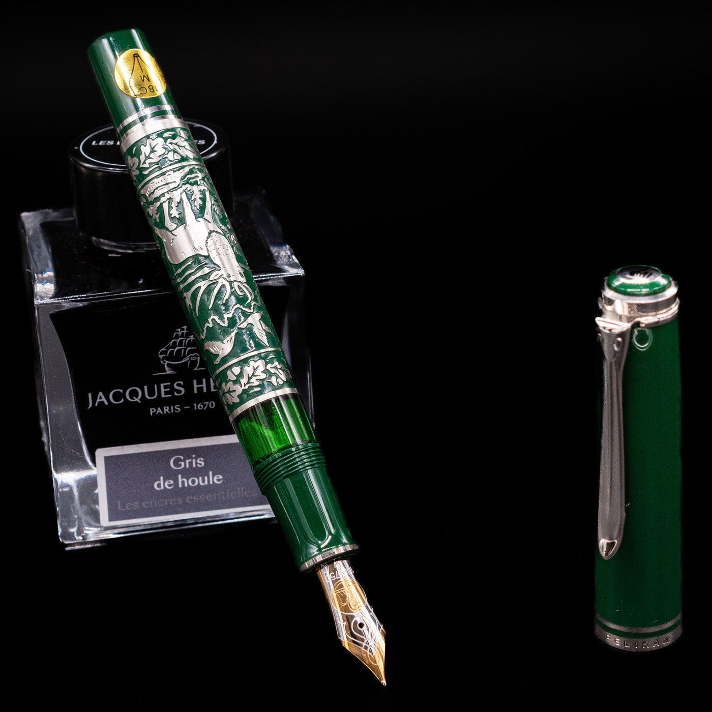 Pelikan M915 Hunting Limited Edition 1994 Fountain Pen shown uncapped with nib and engraved barrel visible.