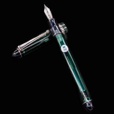Full view of Pilot Custom 74 Forest Green fountain pen with silver trim, capped