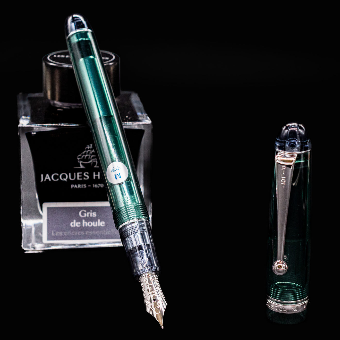 Close-up of Pilot Custom 74 Forest Green fountain pen nib with 14k gold medium point