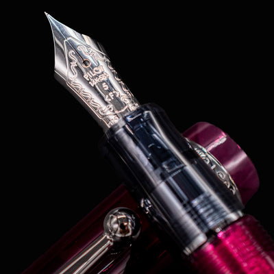 Extreme close-up of Pilot Custom 74 Merlot fountain pen nib with intricate engravings and transparent grip