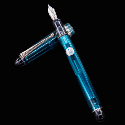 Pilot Custom 74 Teal Fountain Pen with cap removed and displayed from top view