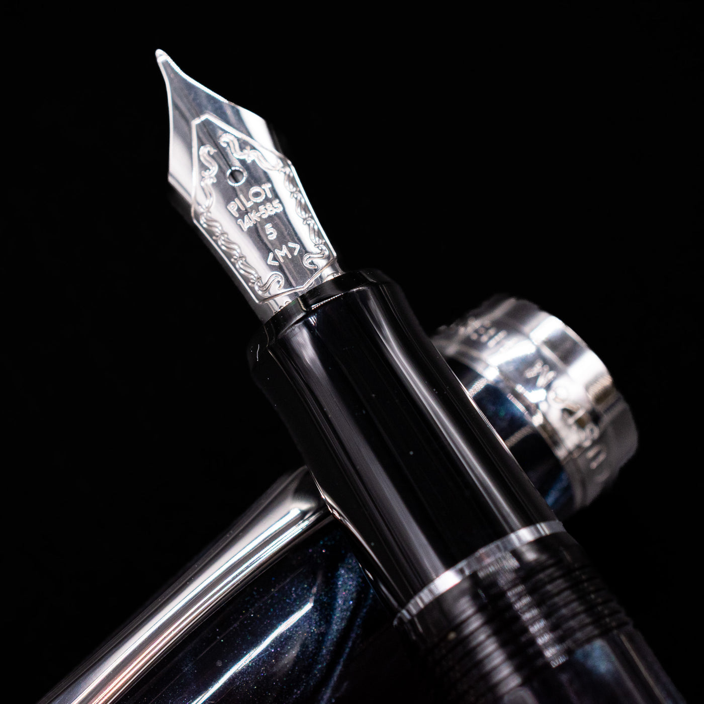 Close-up of the silver nib on the Pilot Custom Heritage SE Fountain Pen in Blue Marble with engraved details.