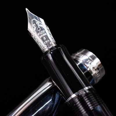 Close-up of the silver nib on the Pilot Custom Heritage SE Fountain Pen in Blue Marble with engraved details.