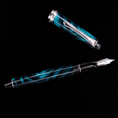 Full-length view of the Pilot Custom Heritage SE Green Marble Fountain Pen uncapped with cap placed above the pen