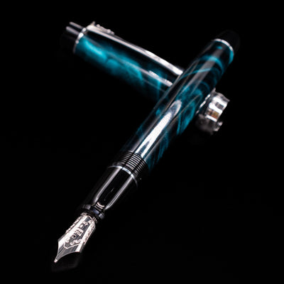 Close-up of the nib and section of the Pilot Custom Heritage SE Green Marble Fountain Pen with cap off