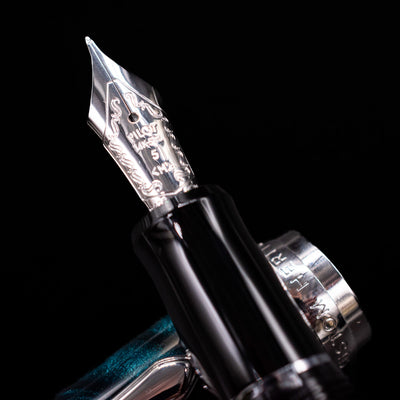 Detailed view of the engraved silver nib on the Pilot Custom Heritage SE Green Marble Fountain Pen