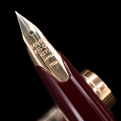 Detailed view of Pilot E95S Fountain Pen 14k gold nib in extra fine size