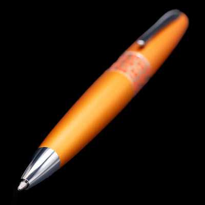 Close-up of the writing tip of the Pilot Metropolitan Pop Ballpoint Pen in Orange with chrome detailing.
