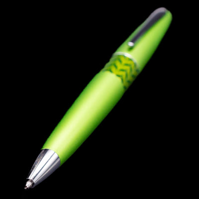 Angled view of Pilot Metropolitan Pop Ballpoint Pen in vibrant green with patterned barrel band