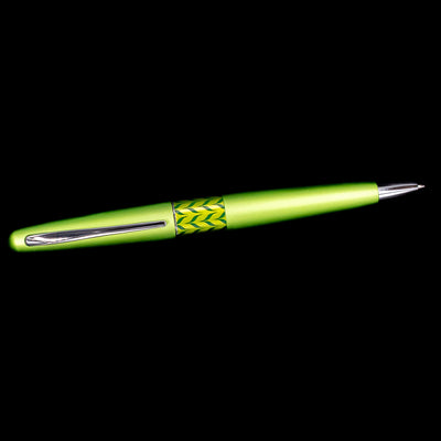 Full-length view of Pilot Metropolitan Pop Ballpoint Pen in green with chrome accents on black background