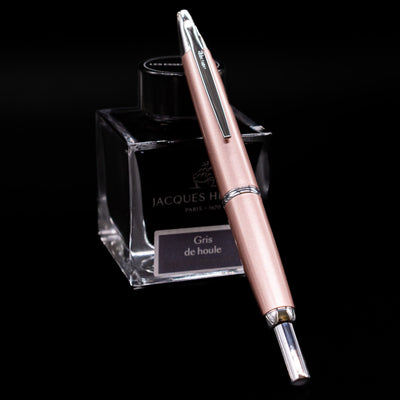 Pilot Vanishing Point Decimo Champagne Fountain Pen showing clip and barrel from angled side view