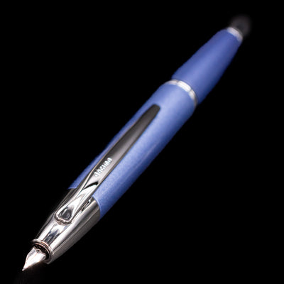 Close-up of Pilot Vanishing Point Decimo Light Blue fountain pen showing clip and nib detail
