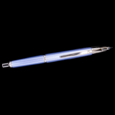 Side profile of Pilot Vanishing Point Decimo Fountain Pen in Light Blue with silver trim and retracted nib