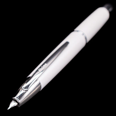 Close-up of nib and clip on the Pilot Vanishing Point Decimo Fountain Pen in White