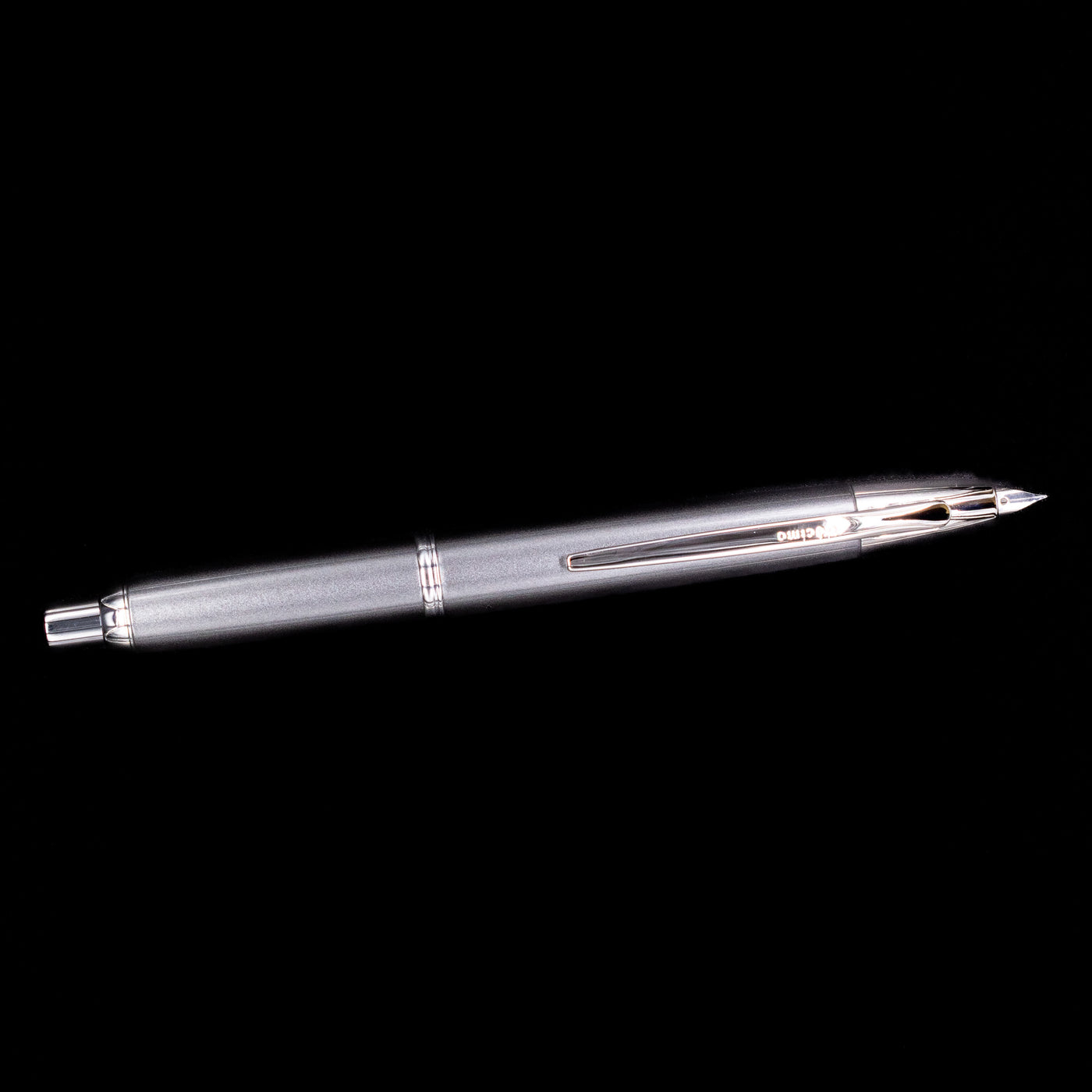 Side profile of the Pilot Vanishing Point Decimo Fountain Pen in Grey with nib extended