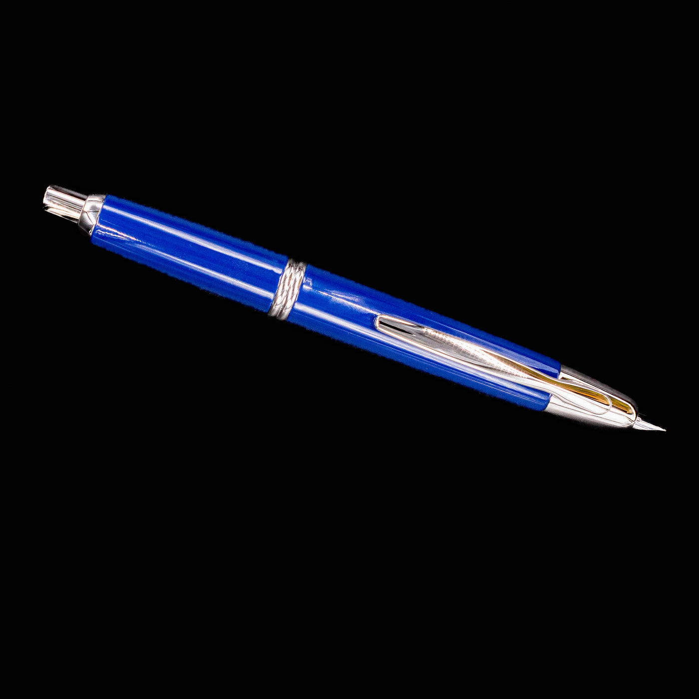 Full-length horizontal view of the Pilot Vanishing Point Fountain Pen in glossy blue with rhodium trim and retractable nib.
