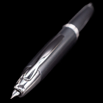 Close-up of the nib and clip of the Pilot Vanishing Point Fountain Pen in Gun Metal finish