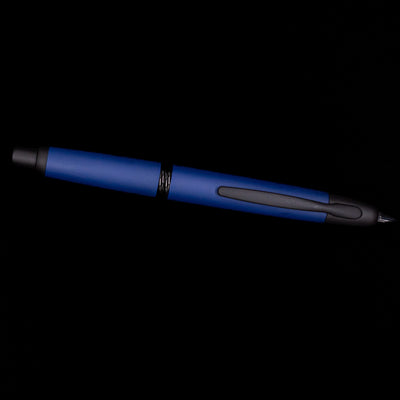 Full side profile of the Pilot Vanishing Point Fountain Pen Matte Blue with nib extended.