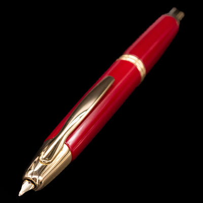 Close-up of nib and clip of Pilot Vanishing Point Fountain Pen in Red with Gold Trim